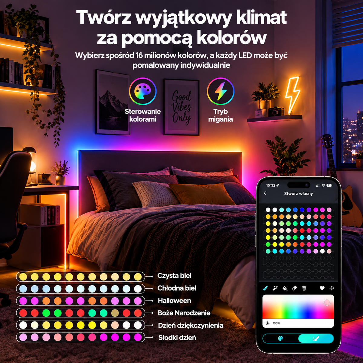 Inteligentne Lampki LED RGB – Sterowanie Aplikacją i Pilotem